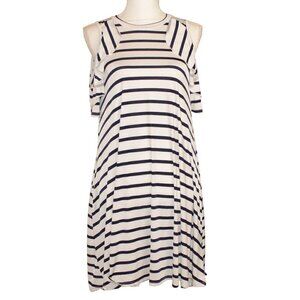 BellamieWomens Small White/Blue Stripped Peek a Boo Shoulder Comfy Dress Pockets